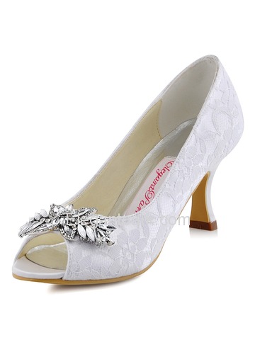 ElegantPark White Ivory Lace Pumps Women Peep Toe Leaves Clip Buckle Wedding Bridal Shoes (HP1538)