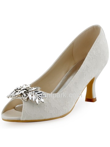ElegantPark White Ivory Lace Pumps Women Peep Toe Leaves Clip Buckle Wedding Bridal Shoes (HP1538)