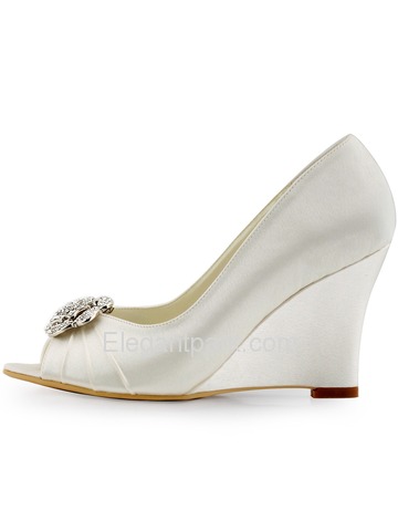 ElegantPark Ivory Women Peep Toe Detachable Flower Rhinestones Wedges Satin Wedding Bridal Shoes (WP1547)