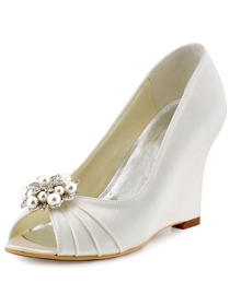 ElegantPark Ivory Champagne Satin Double Pearls Peep Toe Women Wedges Wedding Party Shoes