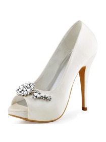 ElegantPark Peep Toe White Buckle Stiletto Heel Satin Women Wedding Shoes