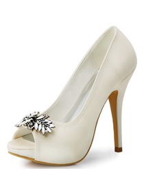 Women Ivory Rhinestones Peep Toe Stiletto Heel Satin Wedding Pumps