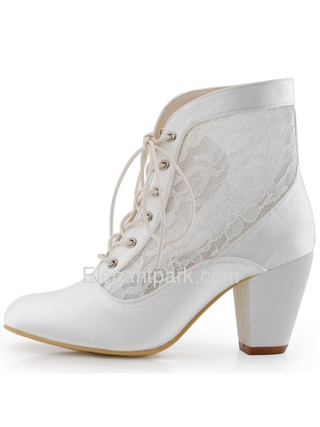 ElegantPark Women Ankle Boots White ivory Chuck Heel Lace-up Round Toe Lace Wedding Bridal Shoes (HC1559)