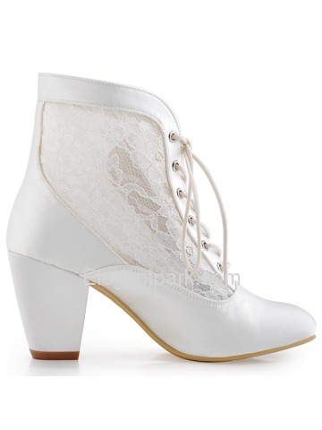 ElegantPark Women Ankle Boots White ivory Chuck Heel Lace-up Round Toe Lace Wedding Bridal Shoes (HC1559)