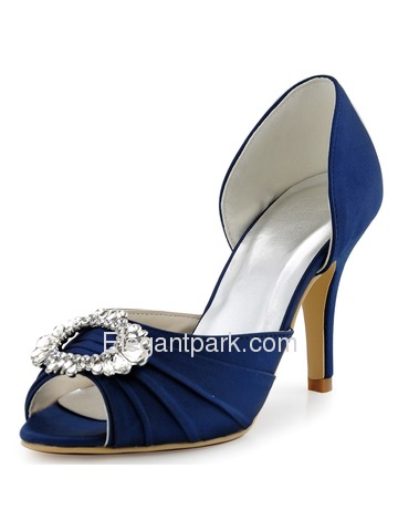 Elegantpark Women Navy Blue Peep Toe Pump Stiletto Heel Satin Wedding Bridal Shoes (A2136)