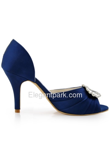 Elegantpark Women Navy Blue Peep Toe Pump Stiletto Heel Satin Wedding Bridal Shoes (A2136)