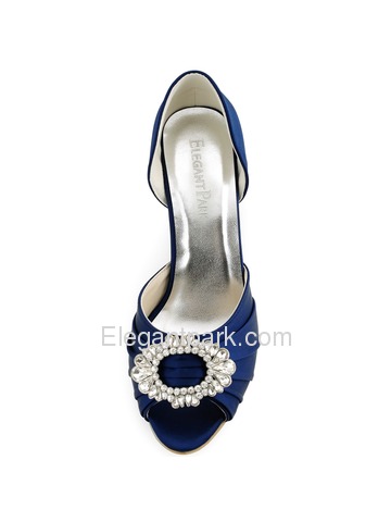 Elegantpark Women Navy Blue Peep Toe Pump Stiletto Heel Satin Wedding Bridal Shoes (A2136)