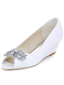 ElegantPark Women Peep Toe Mid Wedges Heels White Ivory Rhinestones Wedding Bridal Shoes