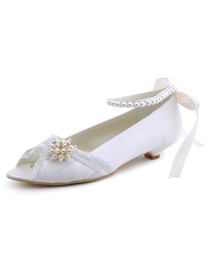 Elegantpark Ivory Peep Toe Low Heel Satin Pearls Wedding Evening Party Shoes