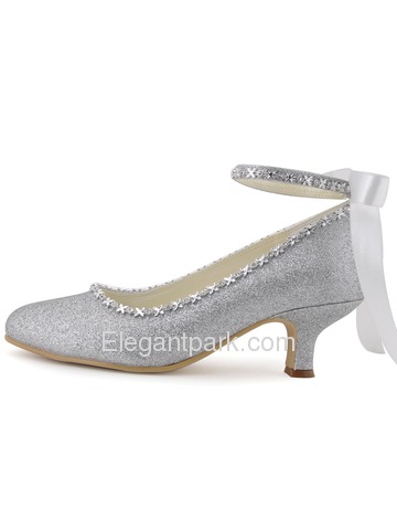 Elegantpark Silver Almond Toe Chunky Heel Glitter PU Ribbon Tie Evening Party Shoes (EP31010)