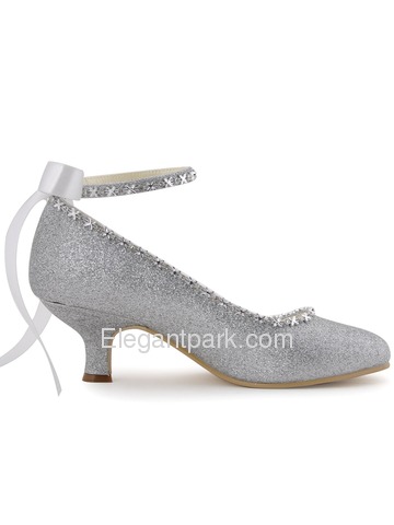 Elegantpark Silver Almond Toe Chunky Heel Glitter PU Ribbon Tie Evening Party Shoes (EP31010)