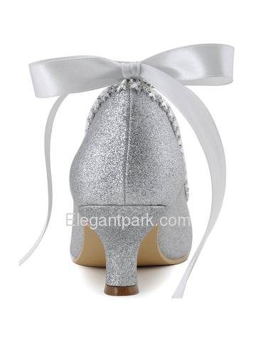 Elegantpark Silver Almond Toe Chunky Heel Glitter PU Ribbon Tie Evening Party Shoes (EP31010)