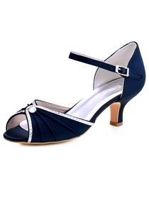 ElegantPark HP1623 Women's Pumps Peep Toe Low Heels Pleated Rhinestones Satin Wedding Prom Shoes
