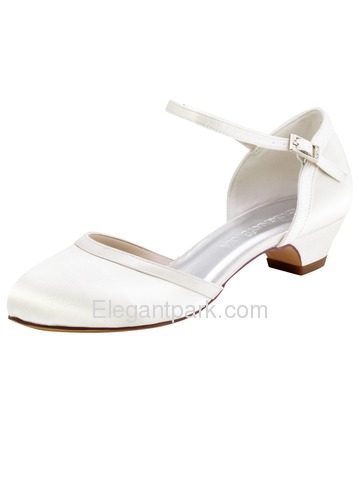 ElegantPark HC1621 White Ivory Closed Toe Chunky Heels Strap Buckle Satin Wedding Party Shoes (HC1621)