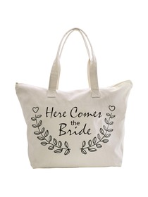 ElegantPark Here Comes The Bride Wedding Canvas Tote Bag Travel Zip Interior Pocket 100% Cotton