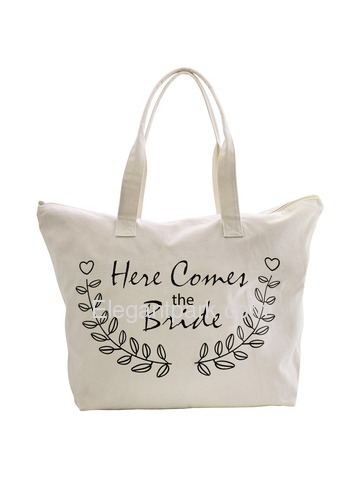 ElegantPark Here Comes The Bride Wedding Canvas Tote Bag Travel Zip Interior Pocket 100% Cotton