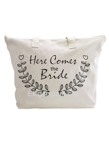 ElegantPark Here Comes The Bride Wedding Canvas Tote Bag Travel Zip Interior Pocket 100% Cotton