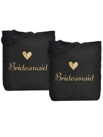 ElegantPark Bridesmaid Wedding Tote Bag Black Canvas Gold Script 100% Cotton 2 Packs