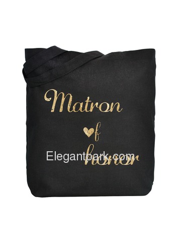 ElegantPark Matron of Honor Wedding Tote Bag Black Canvas Gold Script 100% Cotton