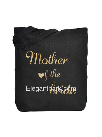 ElegantPark Mother of Bride Tote Bag Black Canvas Gold Script 100% Cotton 1 Pack