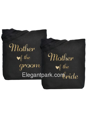 ElegantPark Mother of Bride Groom Tote Bag Black Canvas Gold Script 100% Cotton 2 Packs