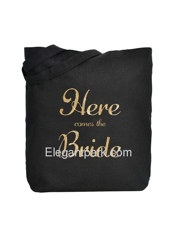 ElegantPark Here Comes the Bride Tote Bag Wedding Gifts Black 100% Cotton with Gold Script