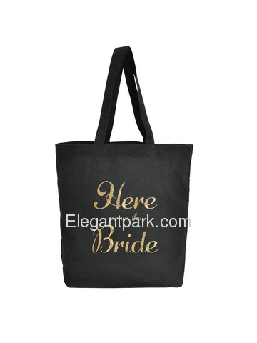 ElegantPark Here Comes the Bride Tote Bag Wedding Gifts Black 100% Cotton with Gold Script