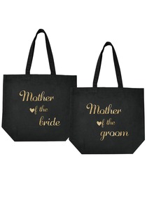 Mother of the Bride + Groom Tote Bag Wedding Gifts Black 100% Cotton with Gold Script 2 Pcs