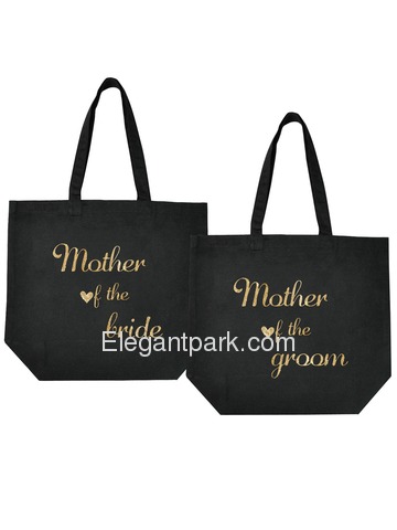 Mother of the Bride + Groom Tote Bag Wedding Gifts Black 100% Cotton with Gold Script 2 Pcs