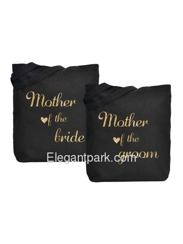 Mother of the Bride + Groom Tote Bag Wedding Gifts Black 100% Cotton with Gold Script 2 Pcs