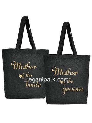 Mother of the Bride + Groom Tote Bag Wedding Gifts Black 100% Cotton with Gold Script 2 Pcs
