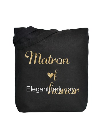 ElegantPark Matron of Honor Tote Bag for Wedding Gifts Black 100% Cotton with Gold Script