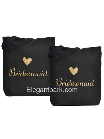 ElegantPark Bridesmaid Tote Bag for Wedding Gifts Black 100% Cotton with Gold Script 2 Pcs