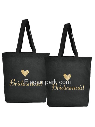 ElegantPark Bridesmaid Tote Bag for Wedding Gifts Black 100% Cotton with Gold Script 2 Pcs