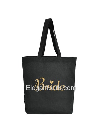 ElegantPark Bride Tote Bag for Wedding Bridal Shower Gifts Black 100% Cotton with Gold Script