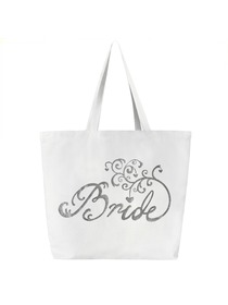 Bride Tote Bag Wedding Bridal Shower Gift Canvas 100% Cotton Interior Pocket White Silver Glitter