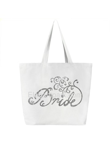 Bride Tote Bag Wedding Bridal Shower Gift Canvas 100% Cotton Interior Pocket White Silver Glitter