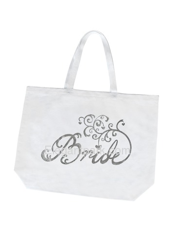 Bride Tote Bag Wedding Bridal Shower Gift Canvas 100% Cotton Interior Pocket White Silver Glitter