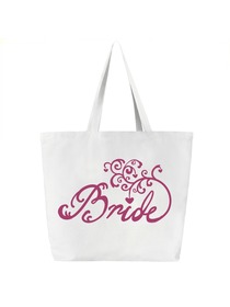 Bride Tote Bag Wedding Bridal Shower Gift Canvas 100% Cotton Interior Pocket White Hot Pink Script