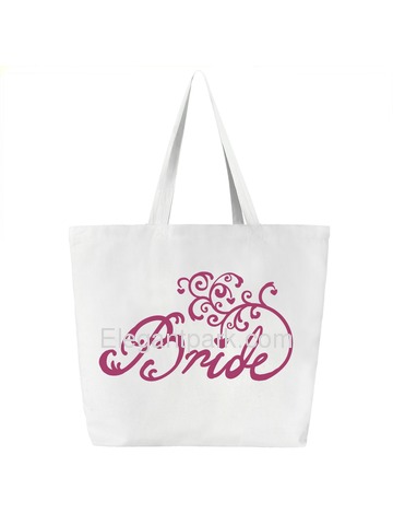 Bride Tote Bag Wedding Bridal Shower Gift Canvas 100% Cotton Interior Pocket White Hot Pink Script