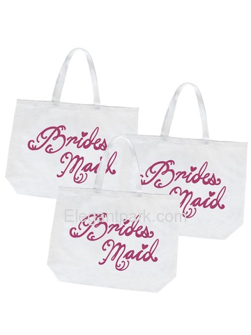 Bridesmaid Tote Bag Wedding Gifts Canvas 100% Cotton Interior Pocket White with Hot Pink Script 3 Pc