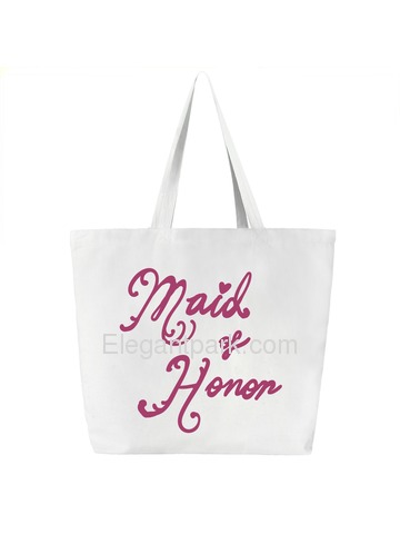 Maid of Honor Tote Bag for Bridesmaid Wedding Gifts Canvas 100% Cotton White with Hot Pink Script