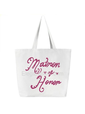 Matron of Honor Tote Bag for Bridesmaid Wedding Gifts Canvas 100% Cotton White with Hot Pink Script