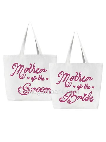 Mother of the Bride + Groom Tote Bag for Wedding Gifts Canvas 100% Cotton White with Hot Pink Script