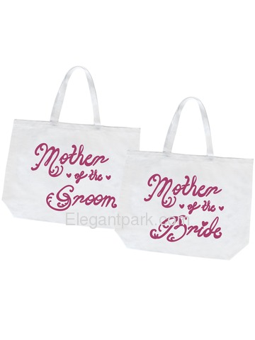 Mother of the Bride + Groom Tote Bag for Wedding Gifts Canvas 100% Cotton White with Hot Pink Script