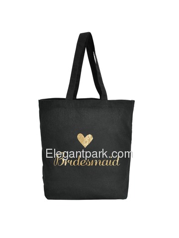 ElegantPark Bridesmaid Tote Bag for Wedding Gifts Black 100% Cotton with Gold Script 1 Pcs