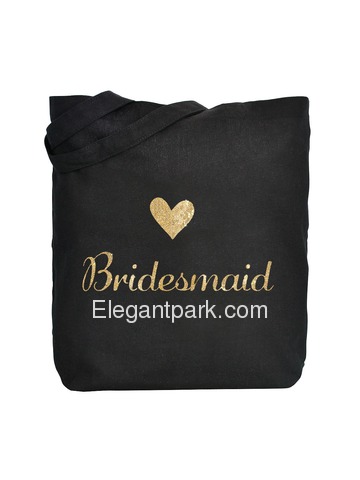 ElegantPark Bridesmaid Tote Bag for Wedding Gifts Black 100% Cotton with Gold Script 1 Pcs