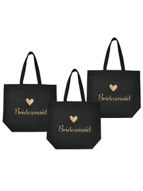 ElegantPark Bridesmaid Tote Bag for Wedding Gifts Black 100% Cotton with Gold Script 3 Pcs