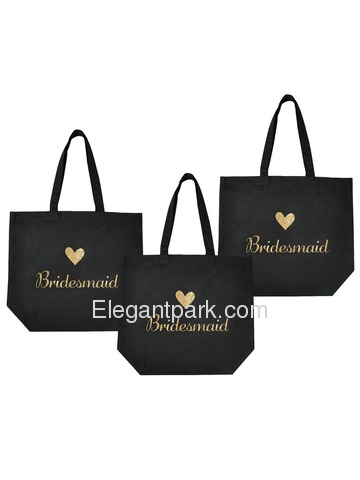 ElegantPark Bridesmaid Tote Bag for Wedding Gifts Black 100% Cotton with Gold Script 3 Pcs