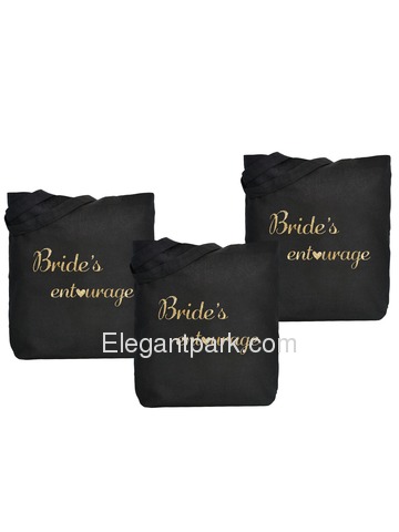 ElegantPark Bridesmaid Tote Bag for Wedding Gifts Black 100% Cotton with Gold Script 3 Pcs